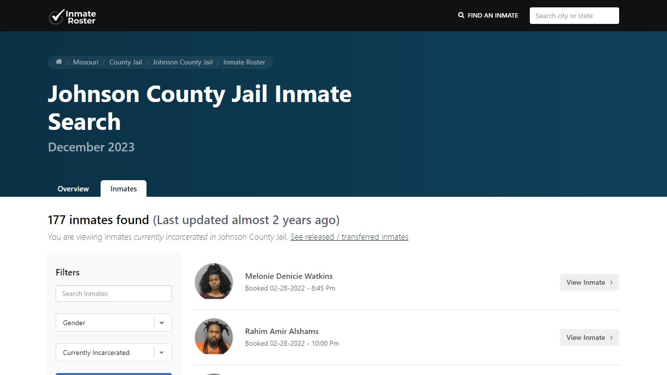 Current Inmate Roster for Today | Johnson County Jail